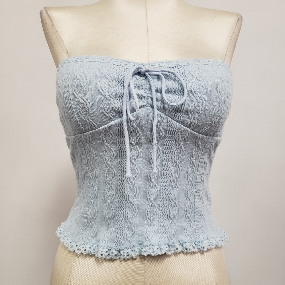Edikted Womens Y2K Coquette Textured Lace Trim‎ Top Size XS Blue Strapless Tie